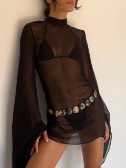Women Cover-up Dress Flare Sleeve Turtleneck